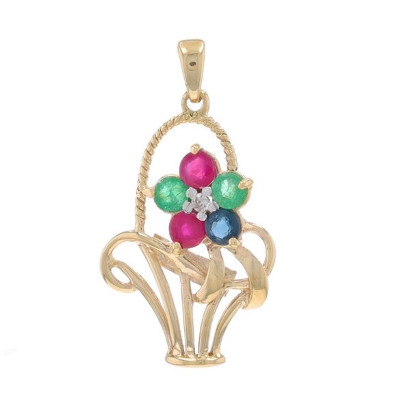 Yellow Gold Emerald Ruby Sapphire Pendant - 10k Round 1.32ctw Flower Basket - Picture 1 of 4
